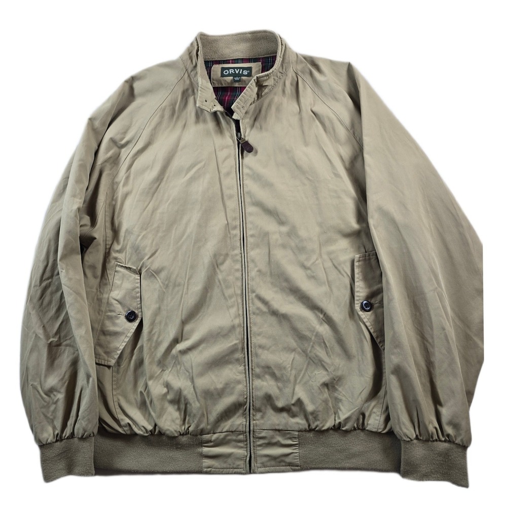 Orvis Bomber Jacket Mens Large Tan Nylon Cotton Plaid Lined Bi-Swing